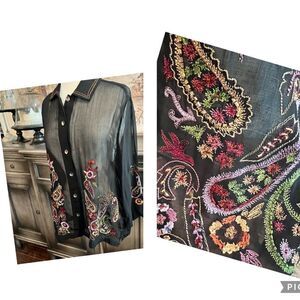 Coldwater Creek Black Sheer Embroidery Blouse Size M